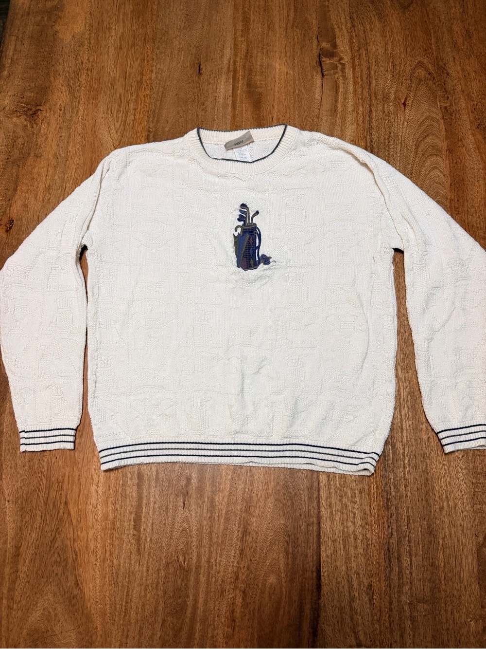 Northern Reflections Cream Crewneck Sweater with Navy Trim and Golf Motif